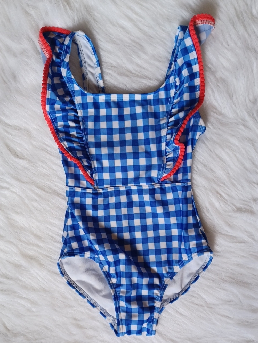 Cat & Jack girls' blue gingham one-piece swimsuit. Girls XS 4/5. New.